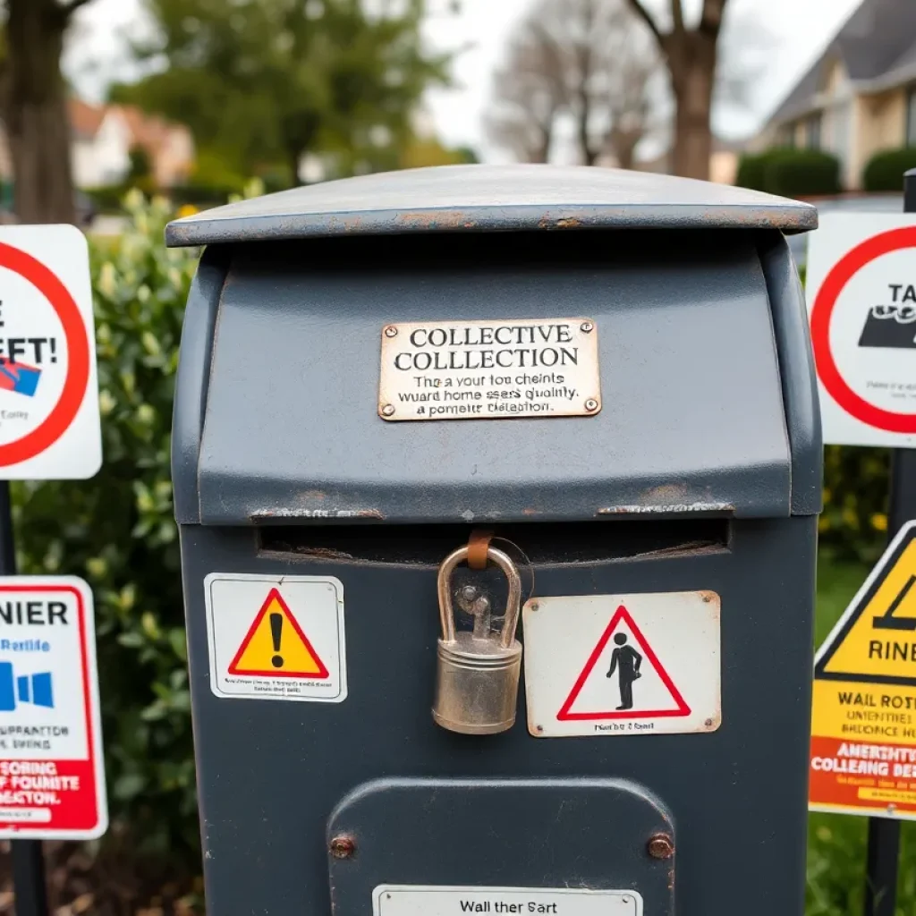 Warning signs about mail theft near a postal collection box.