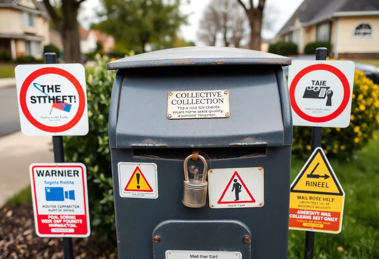 Warning signs about mail theft near a postal collection box.