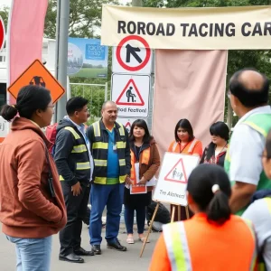 Community members discussing road safety regulations at an event