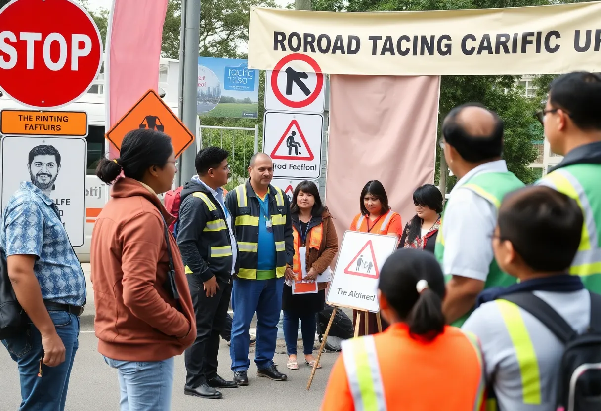 Community members discussing road safety regulations at an event