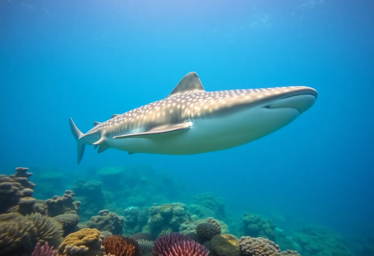 Whale shark swimming in clear blue ocean surrounded by coral reefs.
