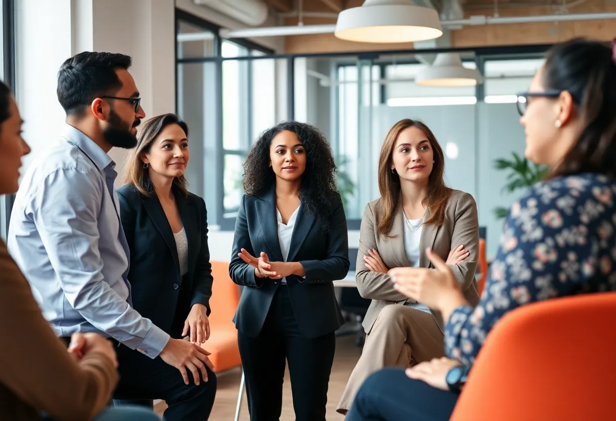 A diverse group of professionals in an office discussing gender equality.
