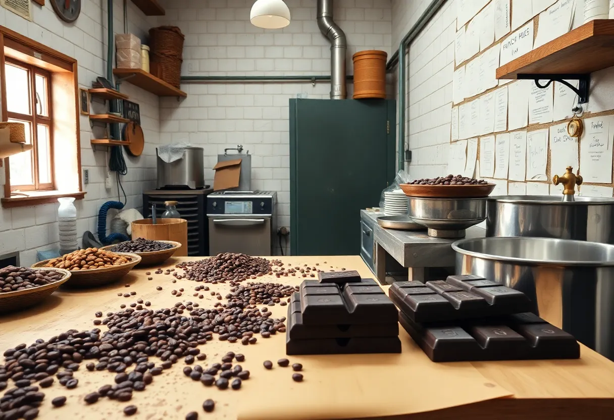 Artisan chocolate making process at Xocolatl Chocolate factory