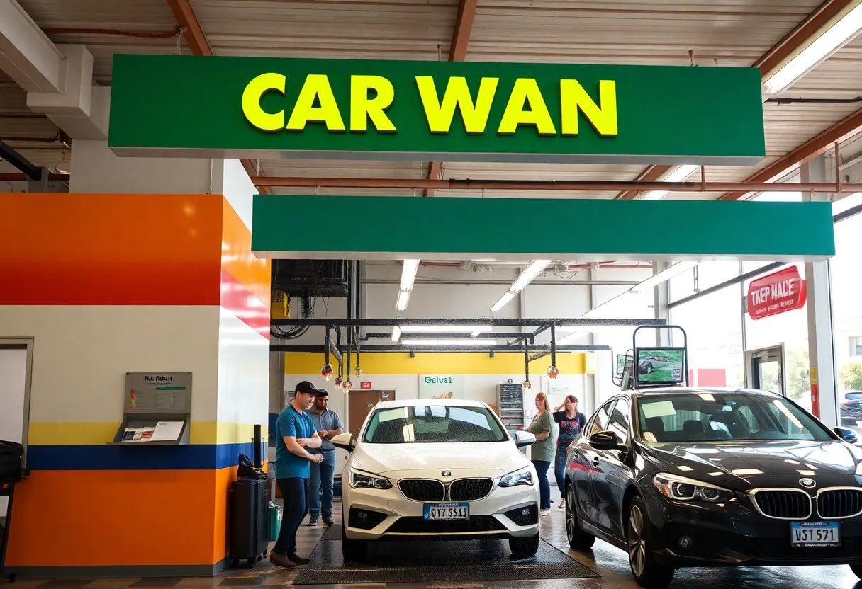 Exterior view of a newly renovated ZIPS Car Wash location with happy customers.