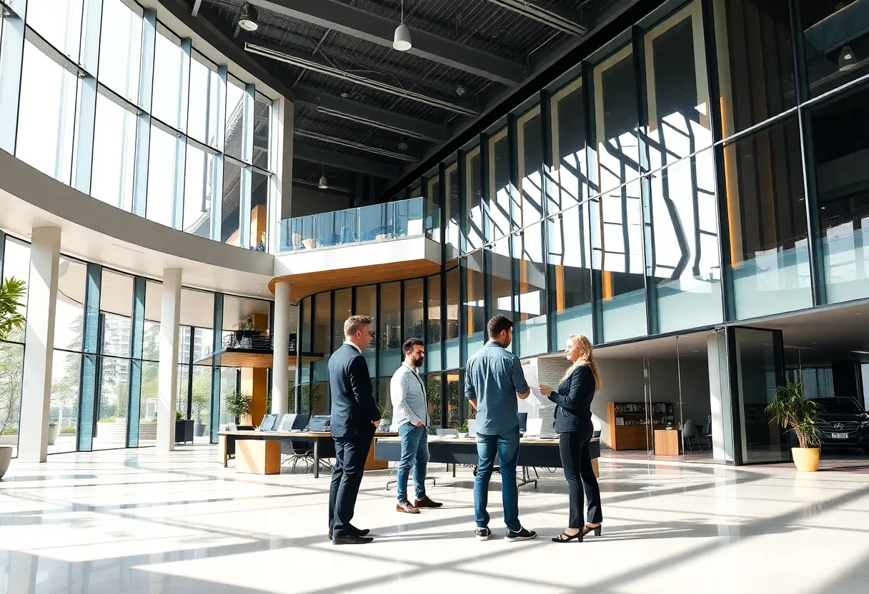 Modern architectural office environment with architects collaborating