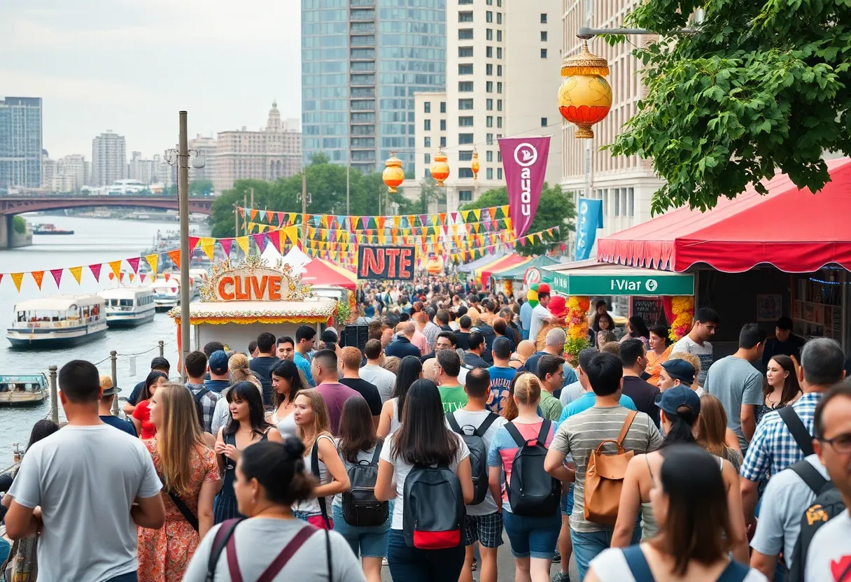 Festival scene with live music and diverse food options
