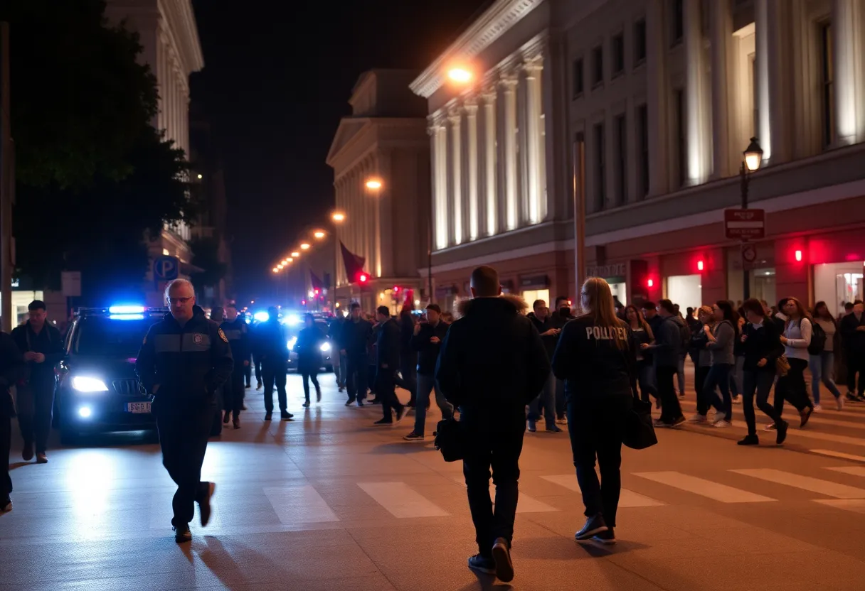 Police lights flashing in downtown Athens near the Georgia Theatre after a shooting incident.