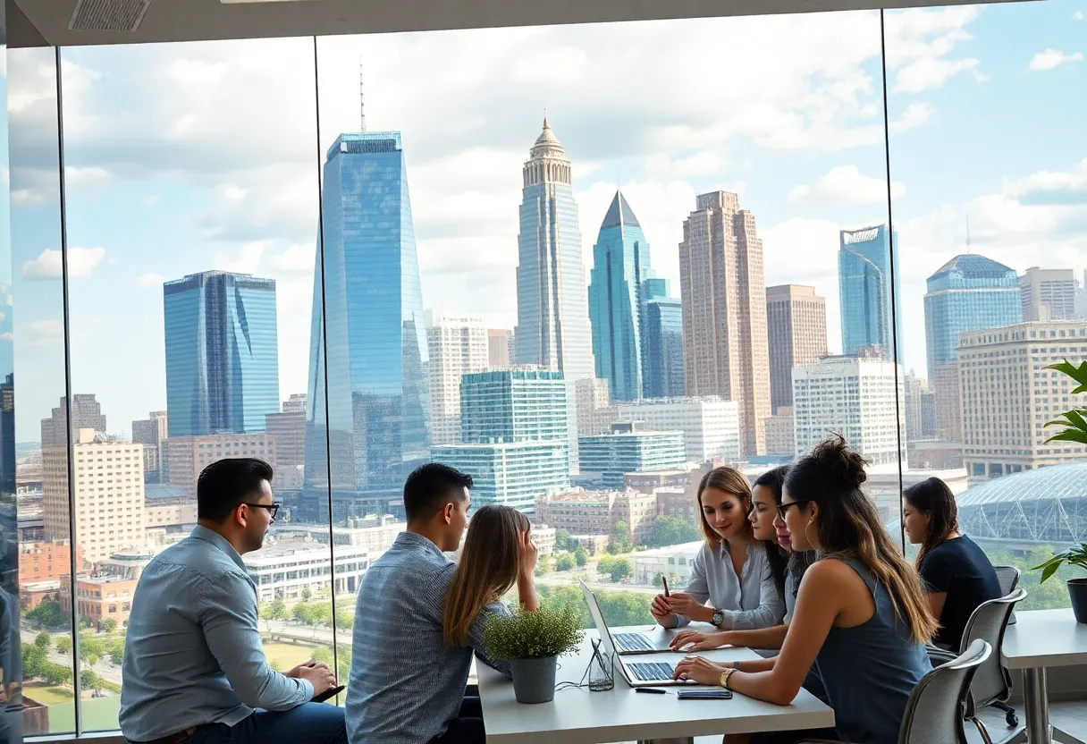 Atlanta skyline featuring diverse entrepreneurs in a workspace.