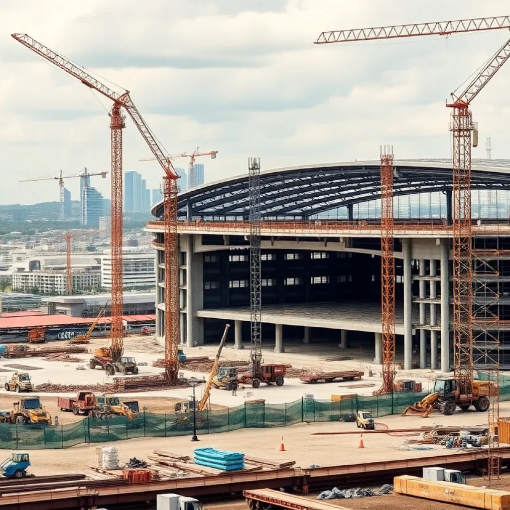 Construction site of the new Augusta arena with workers and cranes.
