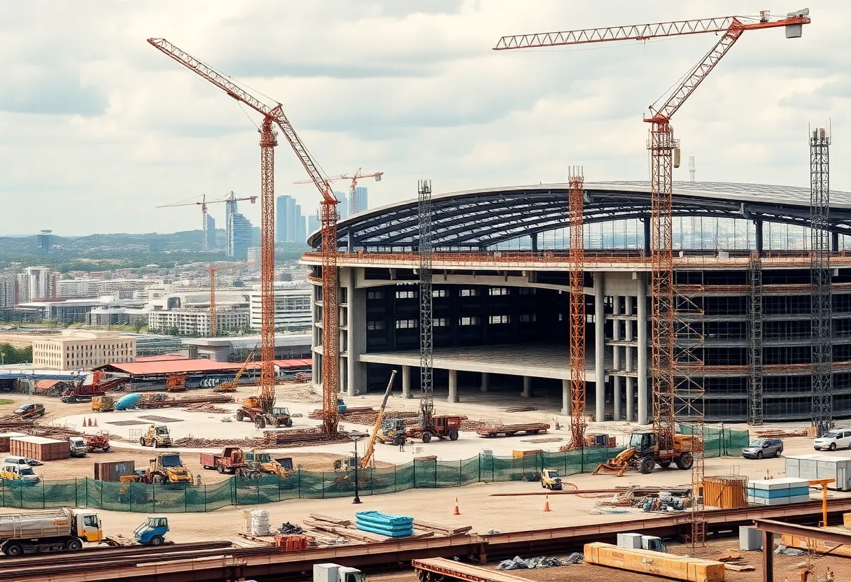 Construction site of the new Augusta arena with workers and cranes.