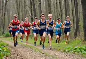 Men's cross country runners competing at the Bobcat Invitational
