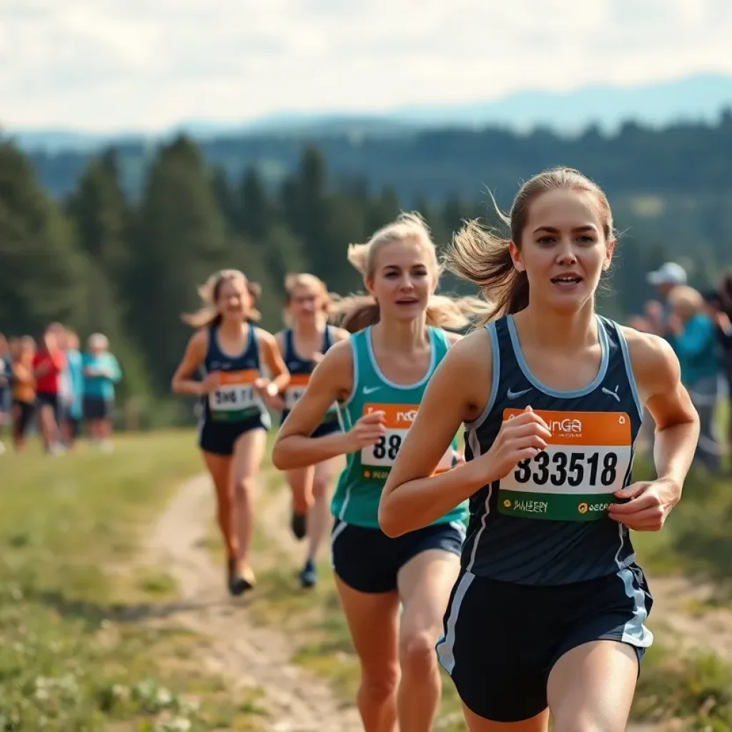 Augusta women's cross country team competing in the Queen City Invitational