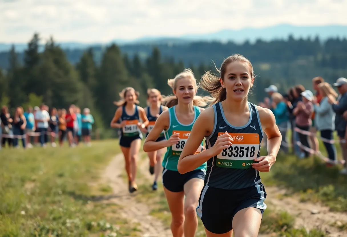 Augusta women's cross country team competing in the Queen City Invitational