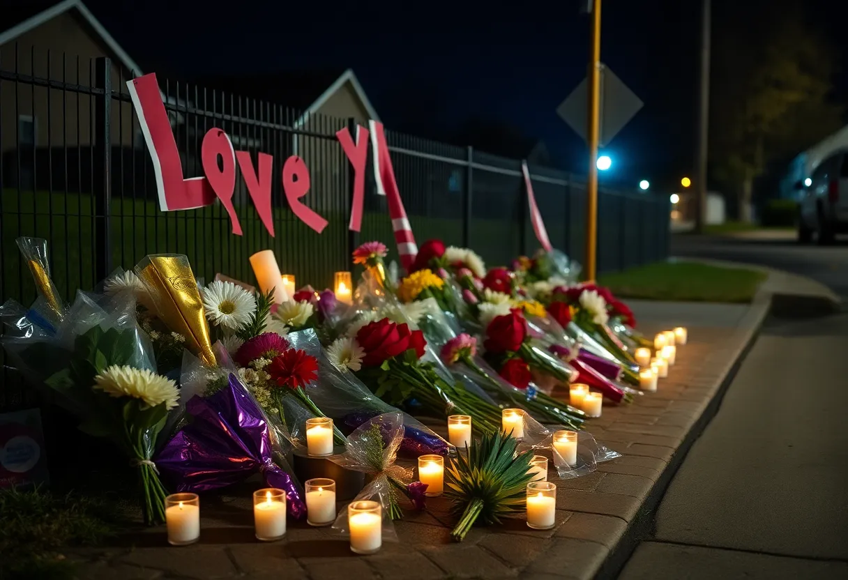Memorial with flowers and candles for victims of domestic violence shooting in Augusta.