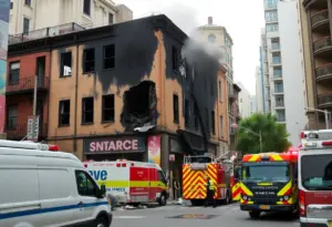 Fire-damaged building in Augusta with emergency response vehicles.
