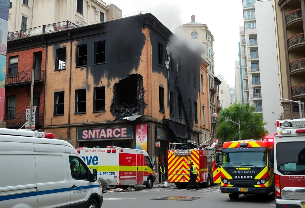 Fire-damaged building in Augusta with emergency response vehicles.