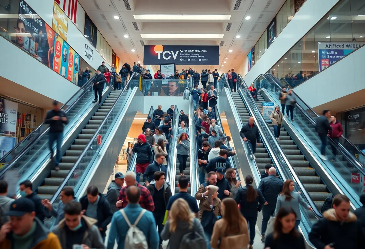 A crowded mall scene showing shoppers evacuating and store gates closing in response to an incident.