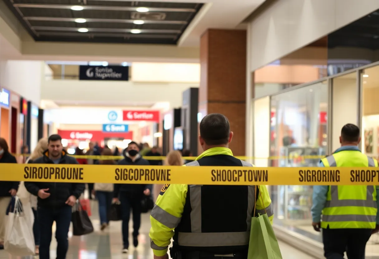 Augusta mall's interior showing shoppers and security presence post-incident