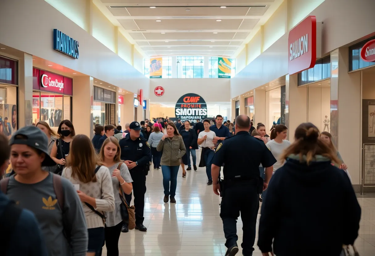 Scene depicting the evacuation at Augusta Mall after a shooting incident.