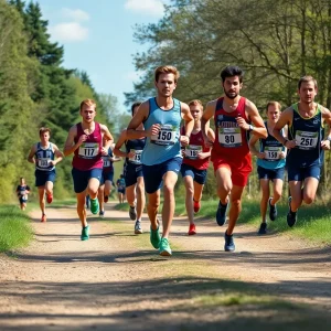 Augusta men's cross country team competing in a race