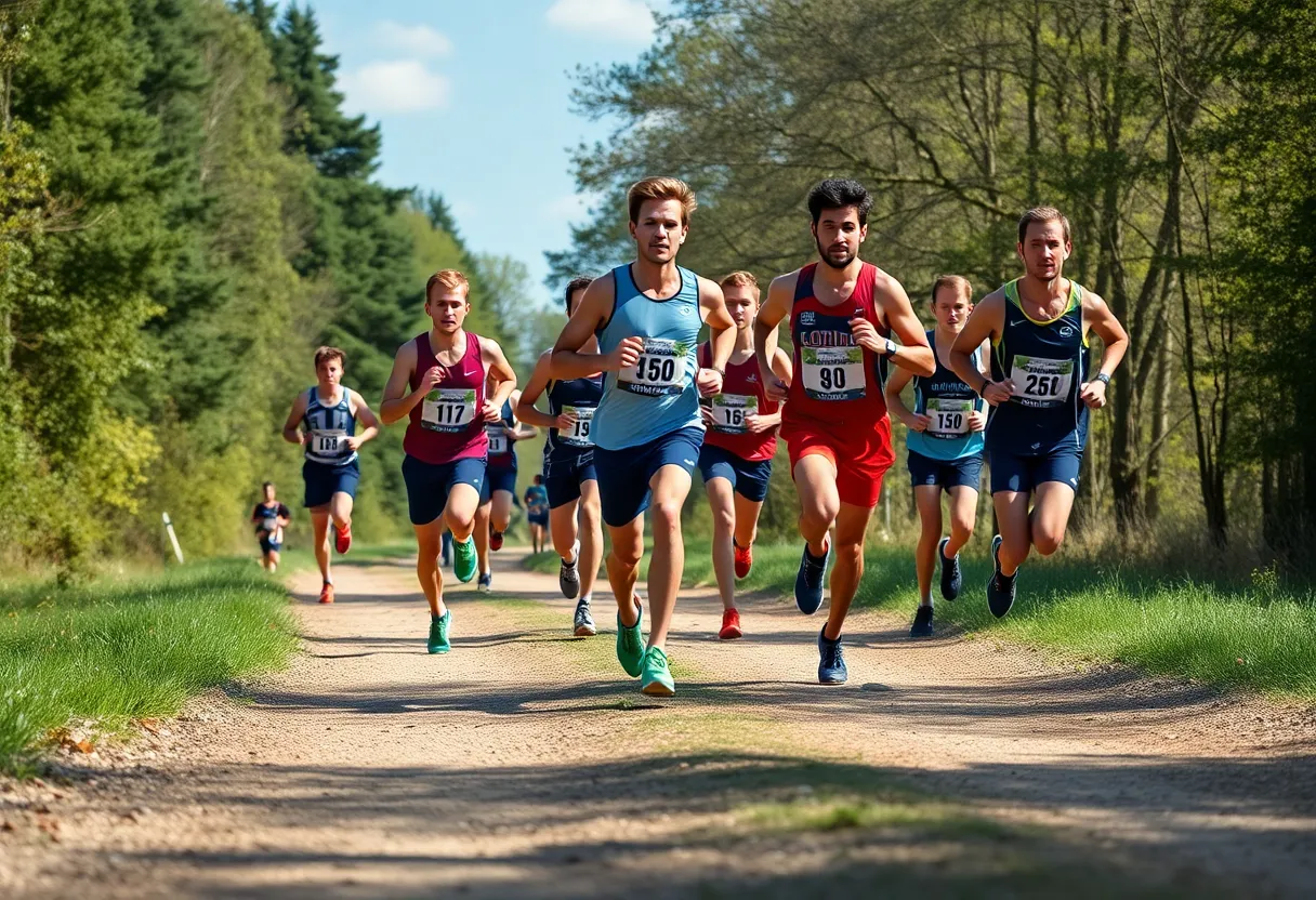 Augusta men's cross country team competing in a race