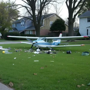 Scene of an aircraft crash in a residential neighborhood.