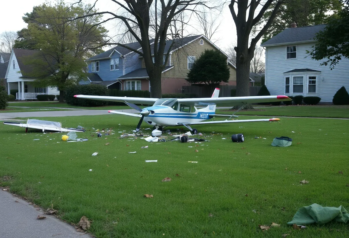 Scene of an aircraft crash in a residential neighborhood.