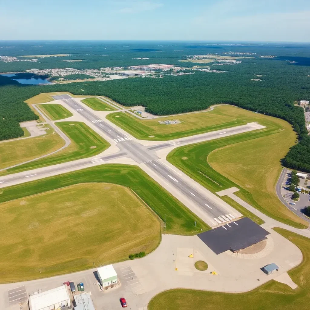 Aerial view of Augusta Regional Airport with runways and terminal.