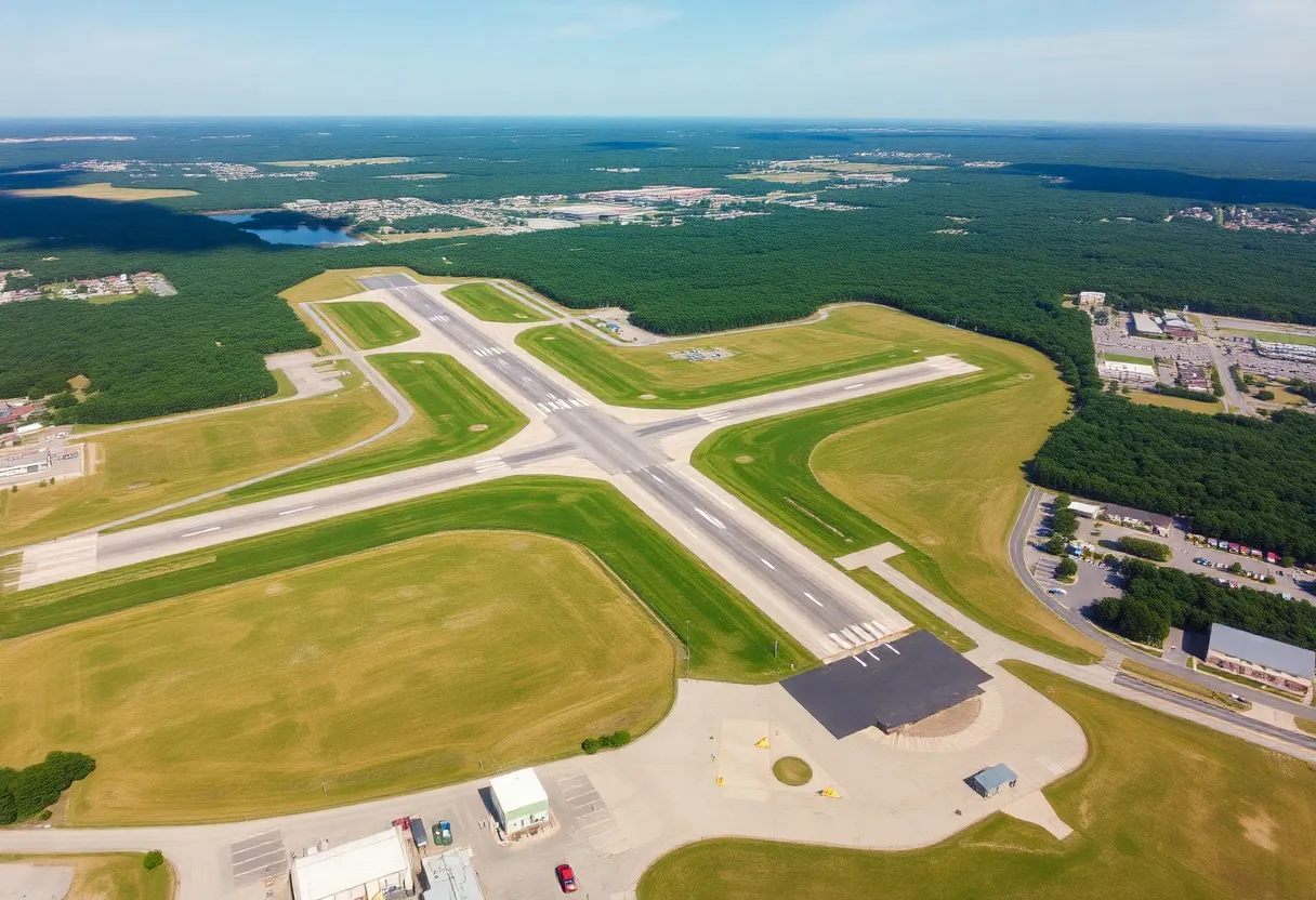 Aerial view of Augusta Regional Airport with runways and terminal.