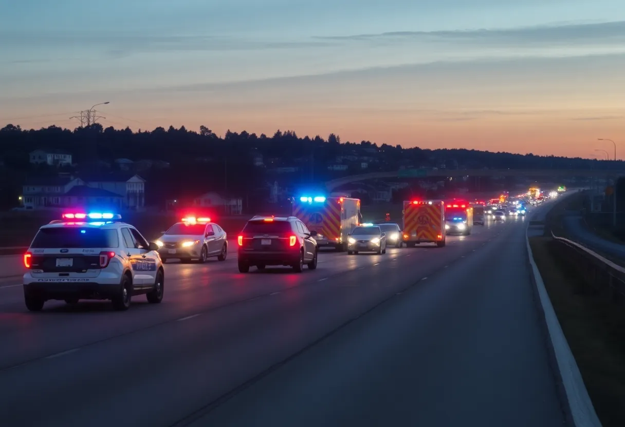 Police and emergency vehicles at a highway accident scene.