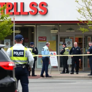 Police investigation scene outside a Best Buy store in Augusta.