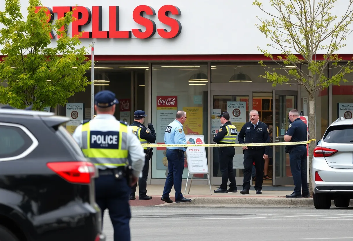Police investigation scene outside a Best Buy store in Augusta.