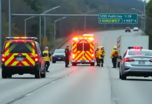 Emergency responders managing a traffic accident scene on Mike Padgett Highway