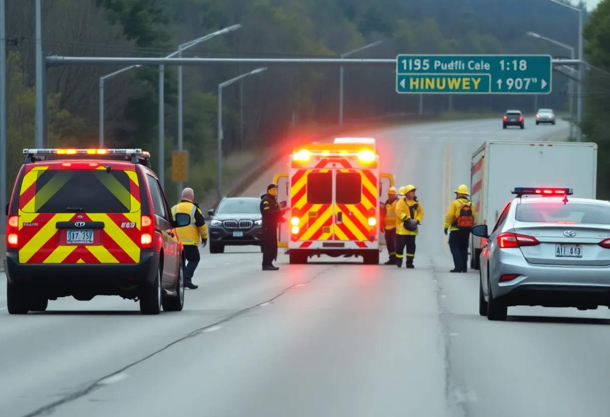 Emergency responders managing a traffic accident scene on Mike Padgett Highway