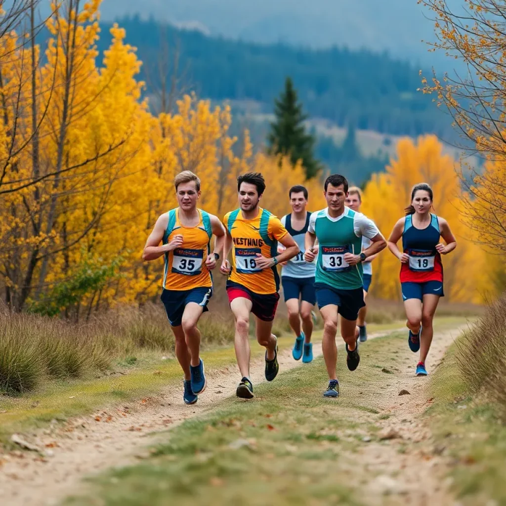 Augusta University men's cross country team racing on a trail