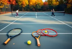 Tennis players practicing on a colorful fall day