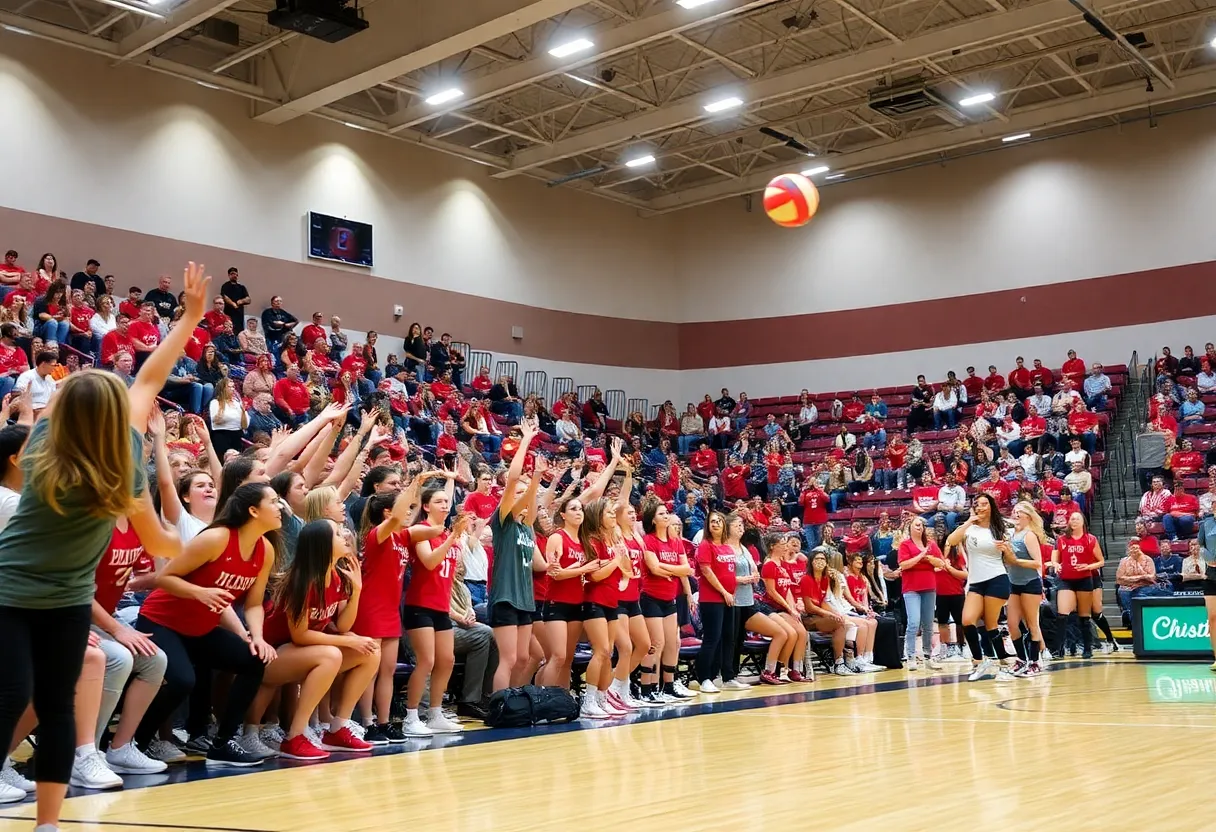 Action shot of Augusta volleyball team during a home match.