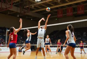 Augusta volleyball team competing in a match, capturing an intense moment of play.