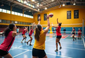 Augusta University volleyball players competing in a game
