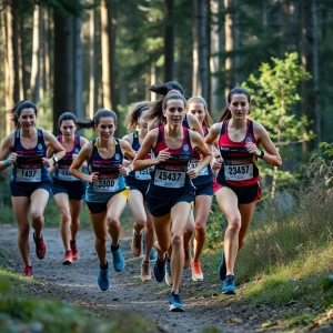 Augusta cross country team racing through a forest trail
