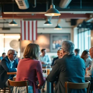 People at a cafe engaging in discussions about politics