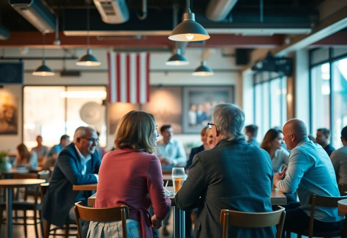 People at a cafe engaging in discussions about politics