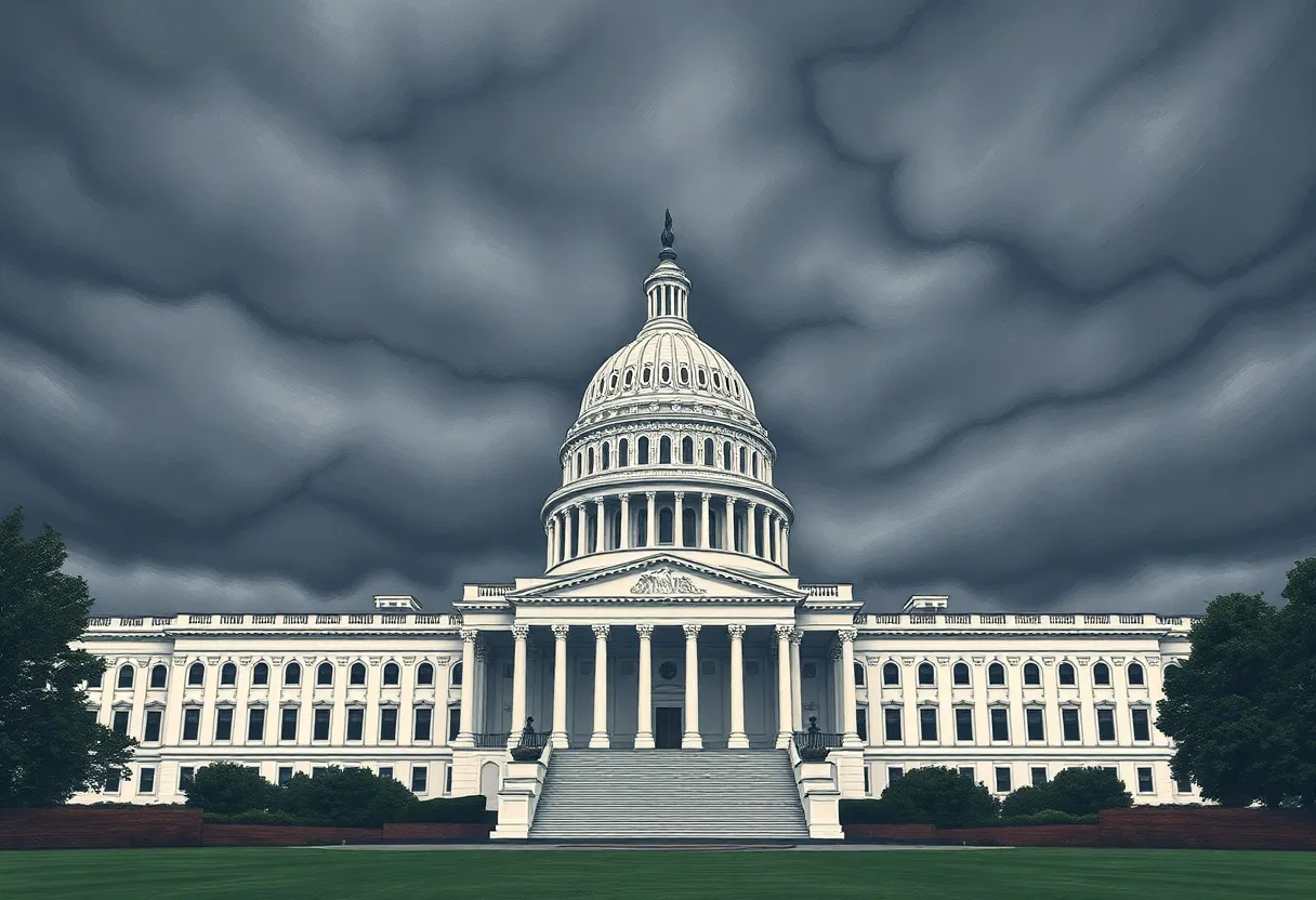 Capitol building surrounded by dark clouds representing government tension