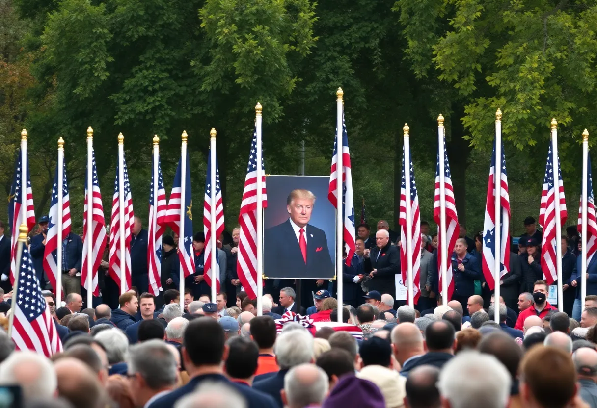 Flags at half-staff during a memorial for Charlie Kirk.