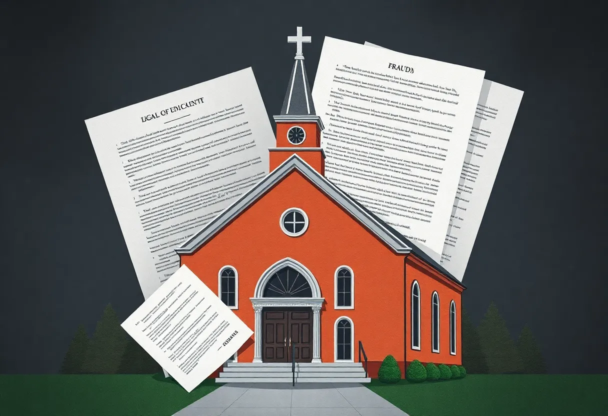 Illustration of a church building overshadowed by legal documents representing fraud.