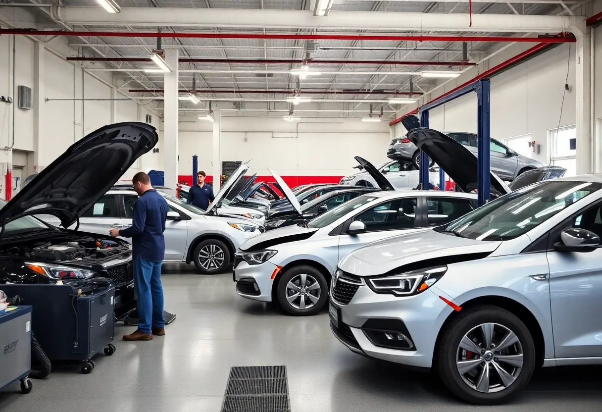 Collision repair shop in action with advanced equipment.