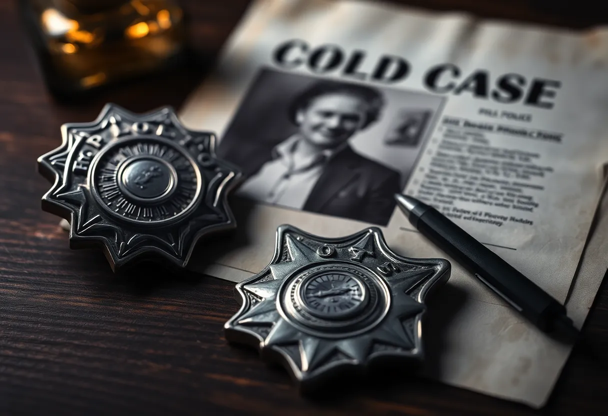 Representation of a cold case investigation with police badge and old file