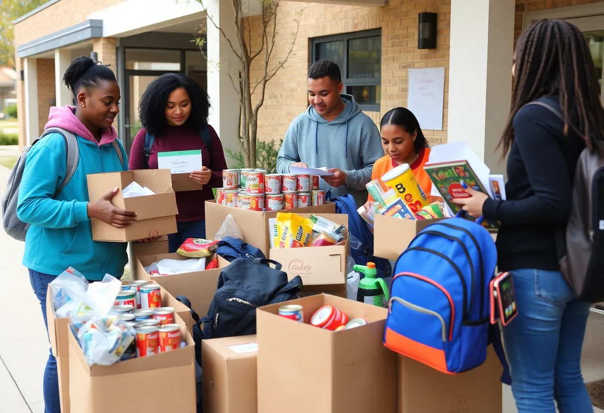 Volunteers at a community food and school supply drive