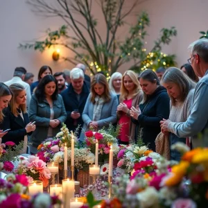 Vibrant community gathering with flowers and candles