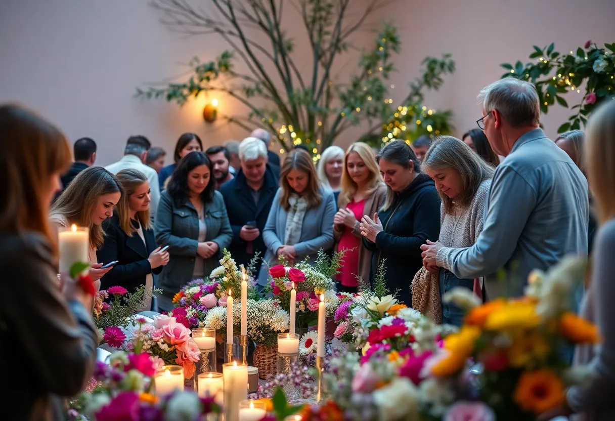 Vibrant community gathering with flowers and candles